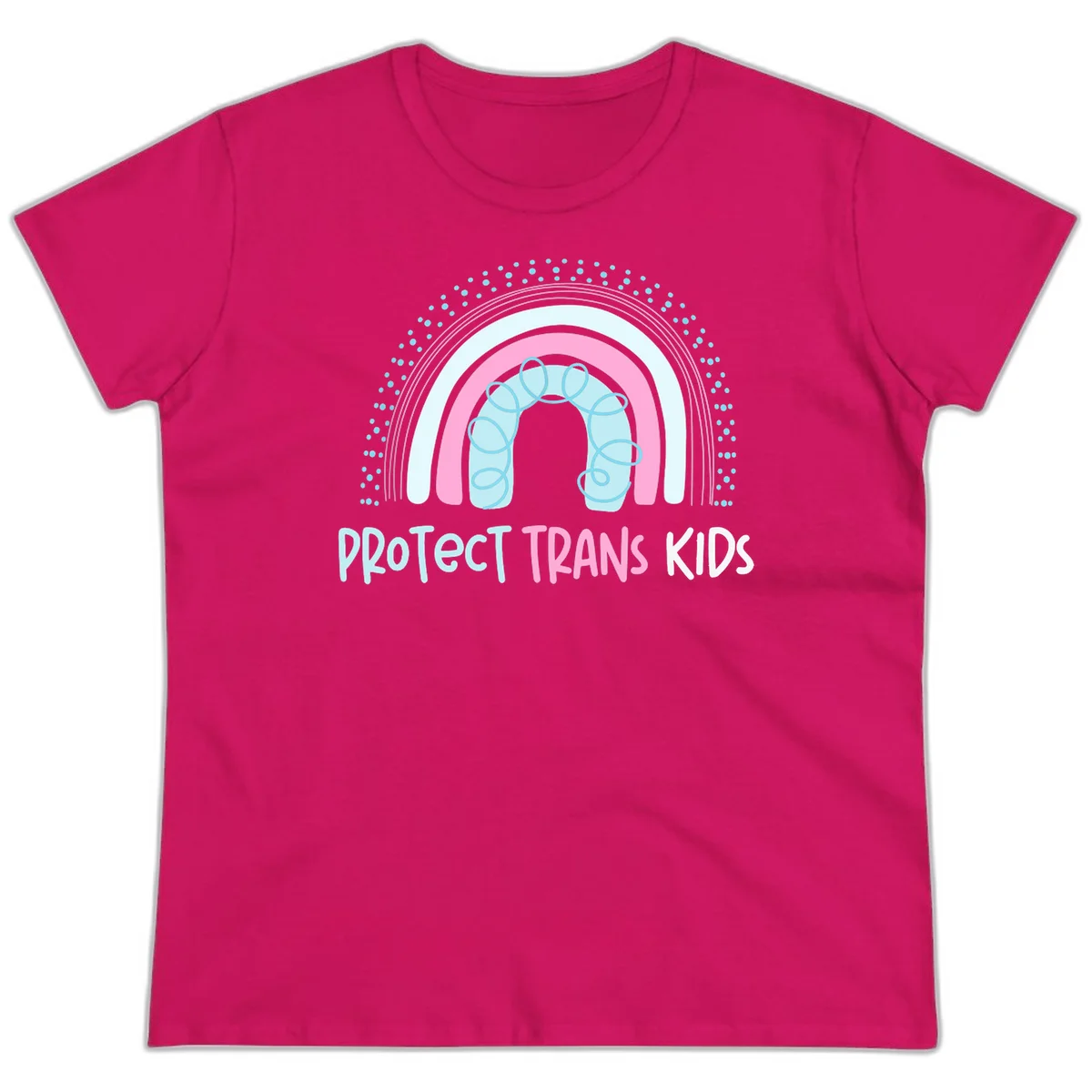 Protect trans kids pride design: rainbow arch with protective shield and DNA strands in pink, blue, and cyan with radiating dots in Heliconia