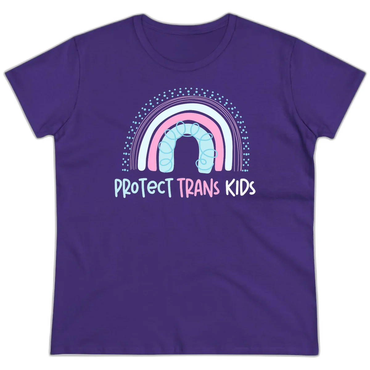 Protect trans kids pride design: rainbow arch with protective shield and DNA strands in pink, blue, and cyan with radiating dots in Purple