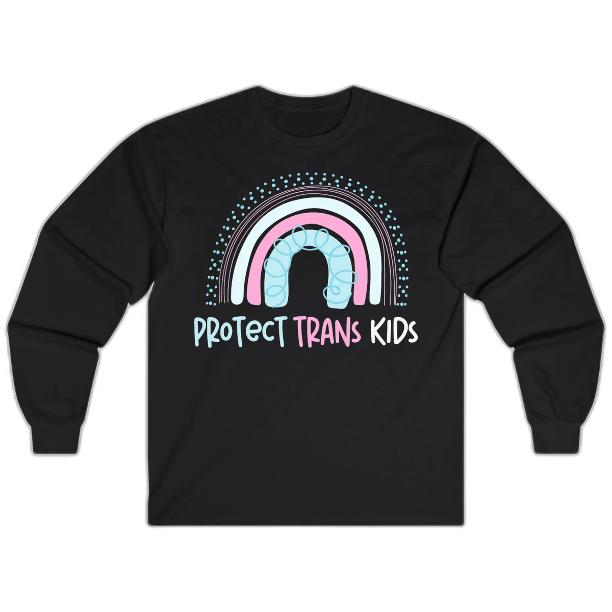 Protect trans kids pride design: rainbow arch with protective shield and DNA strands in pink, blue, and cyan with radiating dots in Black
