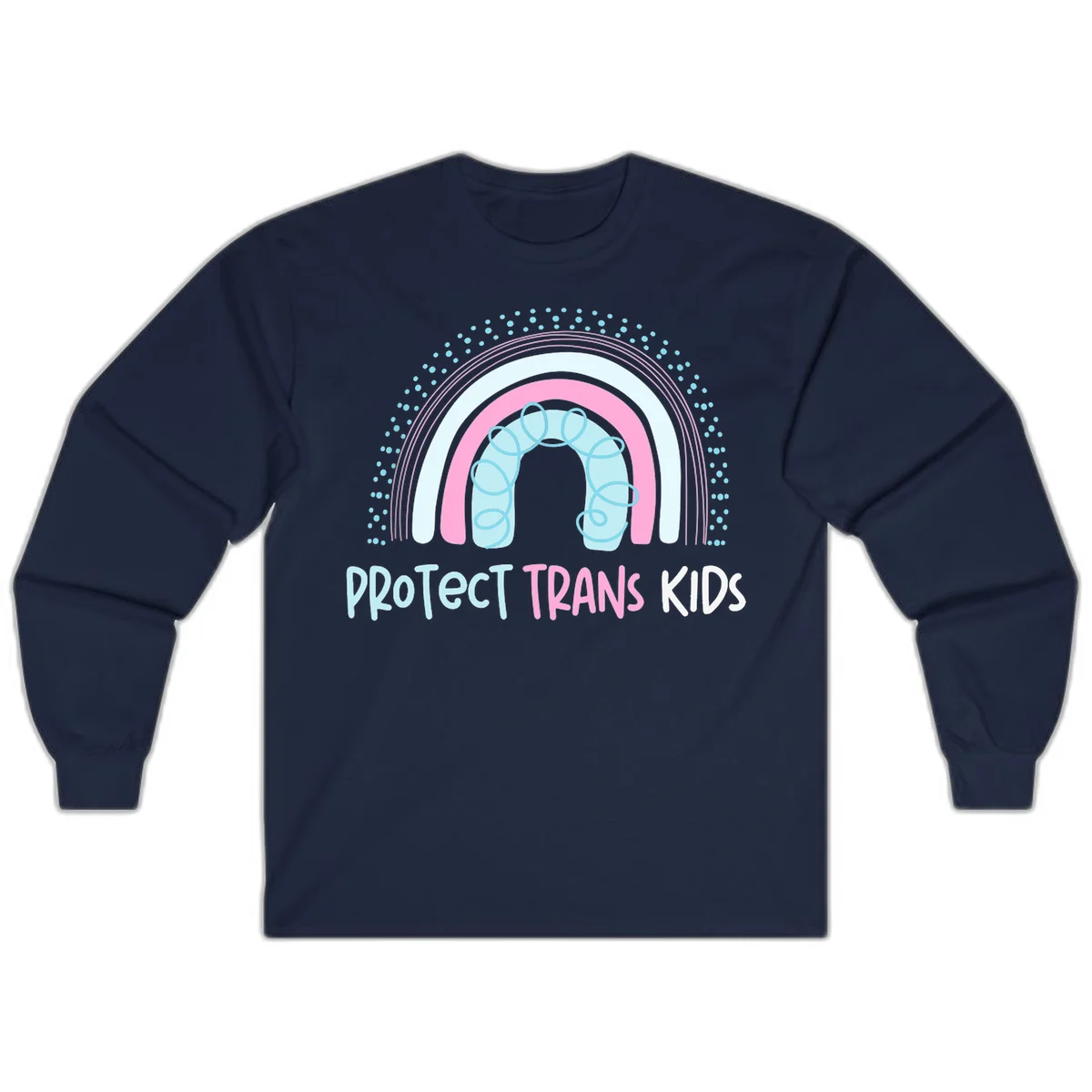 Protect trans kids pride design: rainbow arch with protective shield and DNA strands in pink, blue, and cyan with radiating dots in Navy