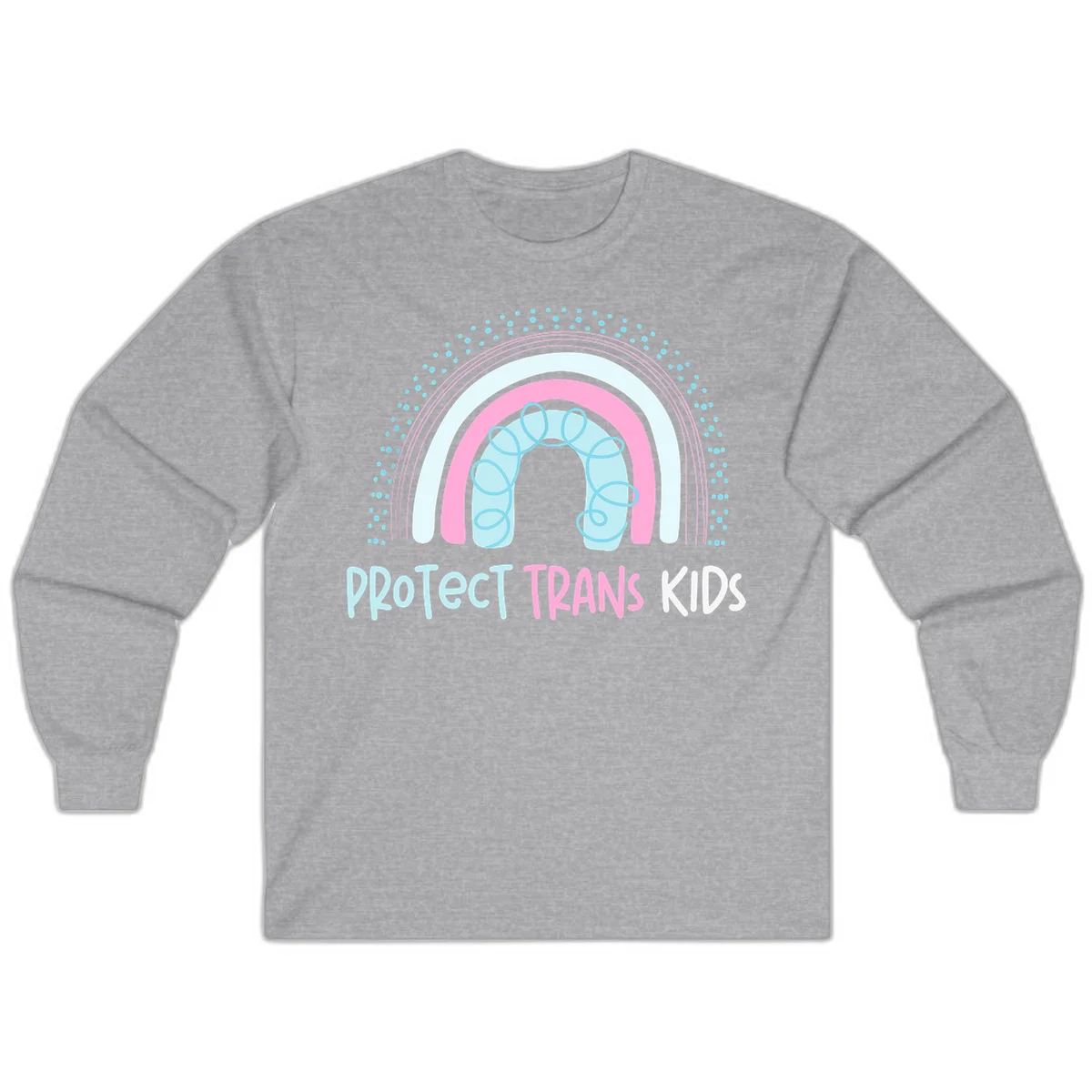 Protect trans kids pride design: rainbow arch with protective shield and DNA strands in pink, blue, and cyan with radiating dots in Sport Grey