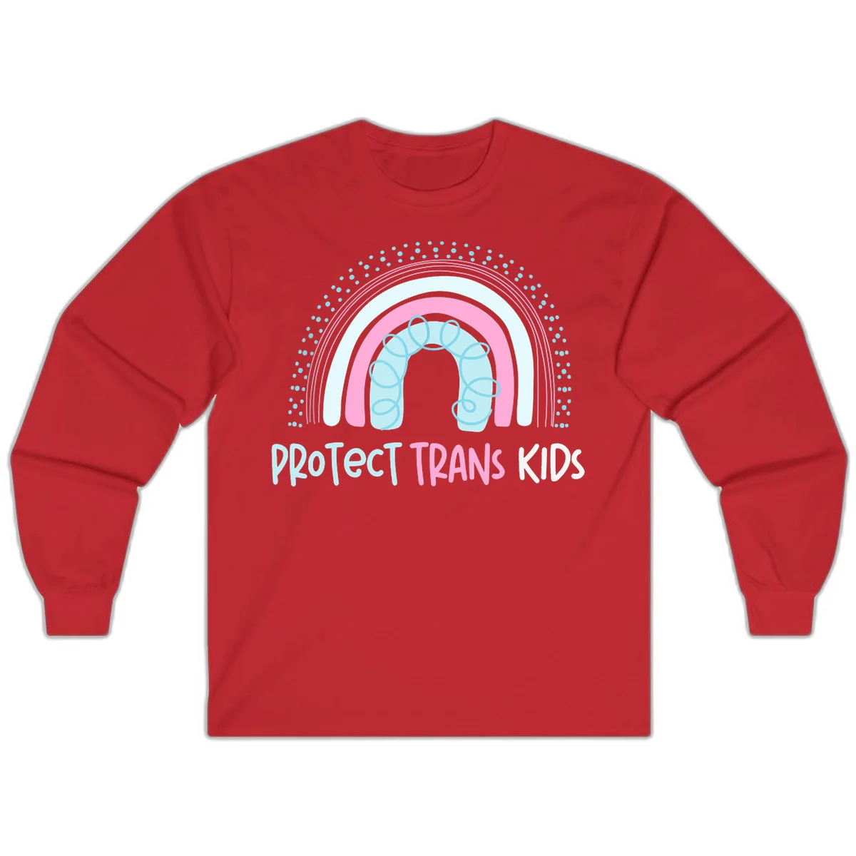 Protect trans kids pride design: rainbow arch with protective shield and DNA strands in pink, blue, and cyan with radiating dots in Red