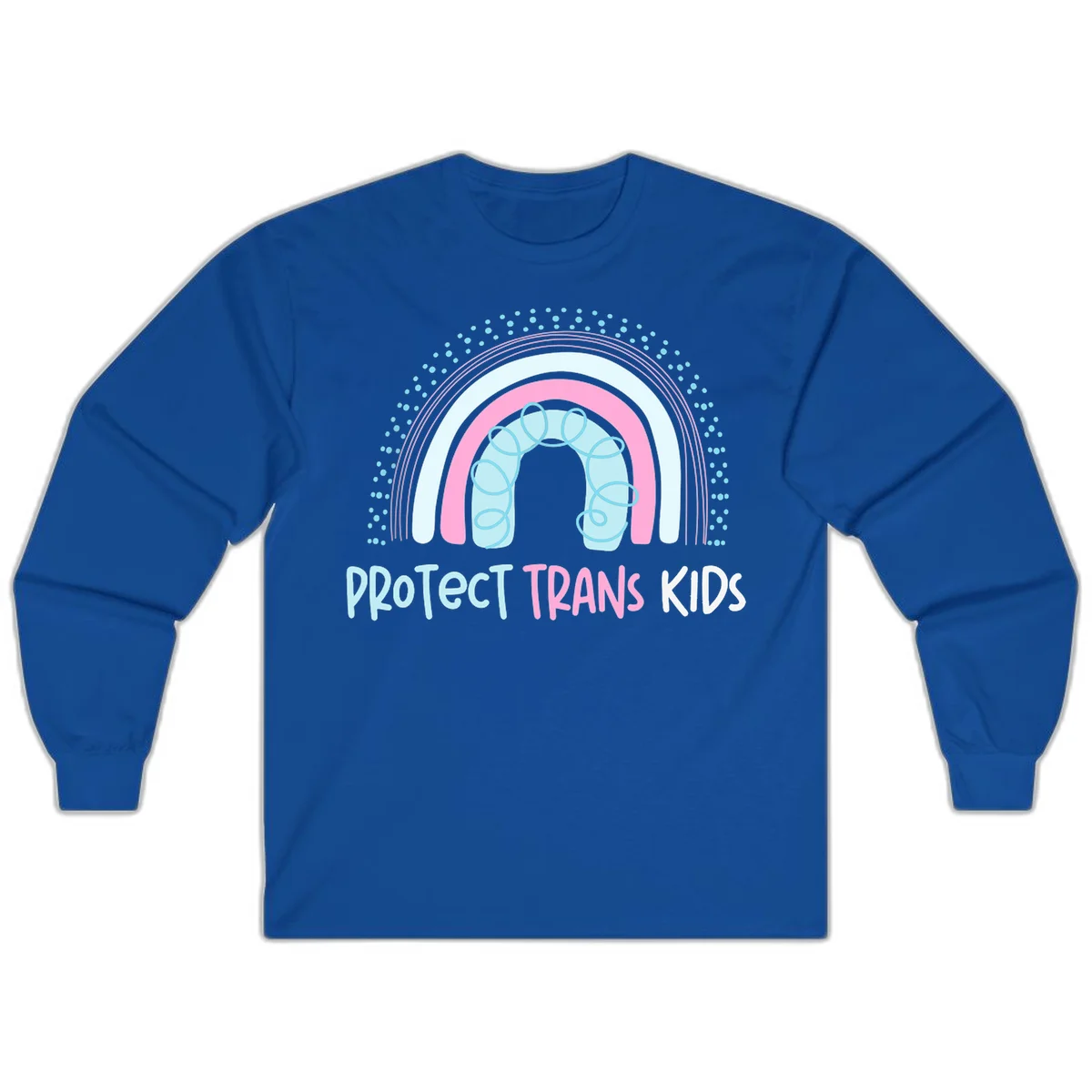 Protect trans kids pride design: rainbow arch with protective shield and DNA strands in pink, blue, and cyan with radiating dots in Royal