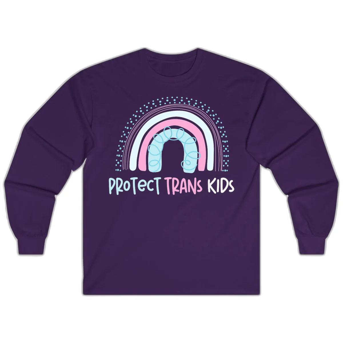 Protect trans kids pride design: rainbow arch with protective shield and DNA strands in pink, blue, and cyan with radiating dots in Purple