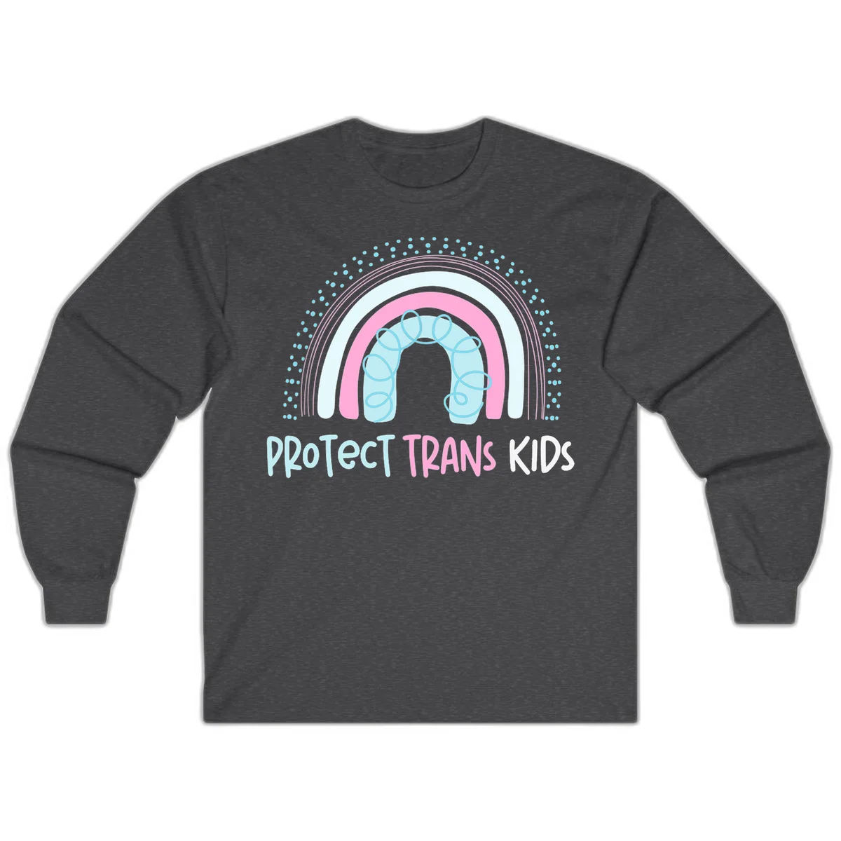 Protect trans kids pride design: rainbow arch with protective shield and DNA strands in pink, blue, and cyan with radiating dots in Dark Heather