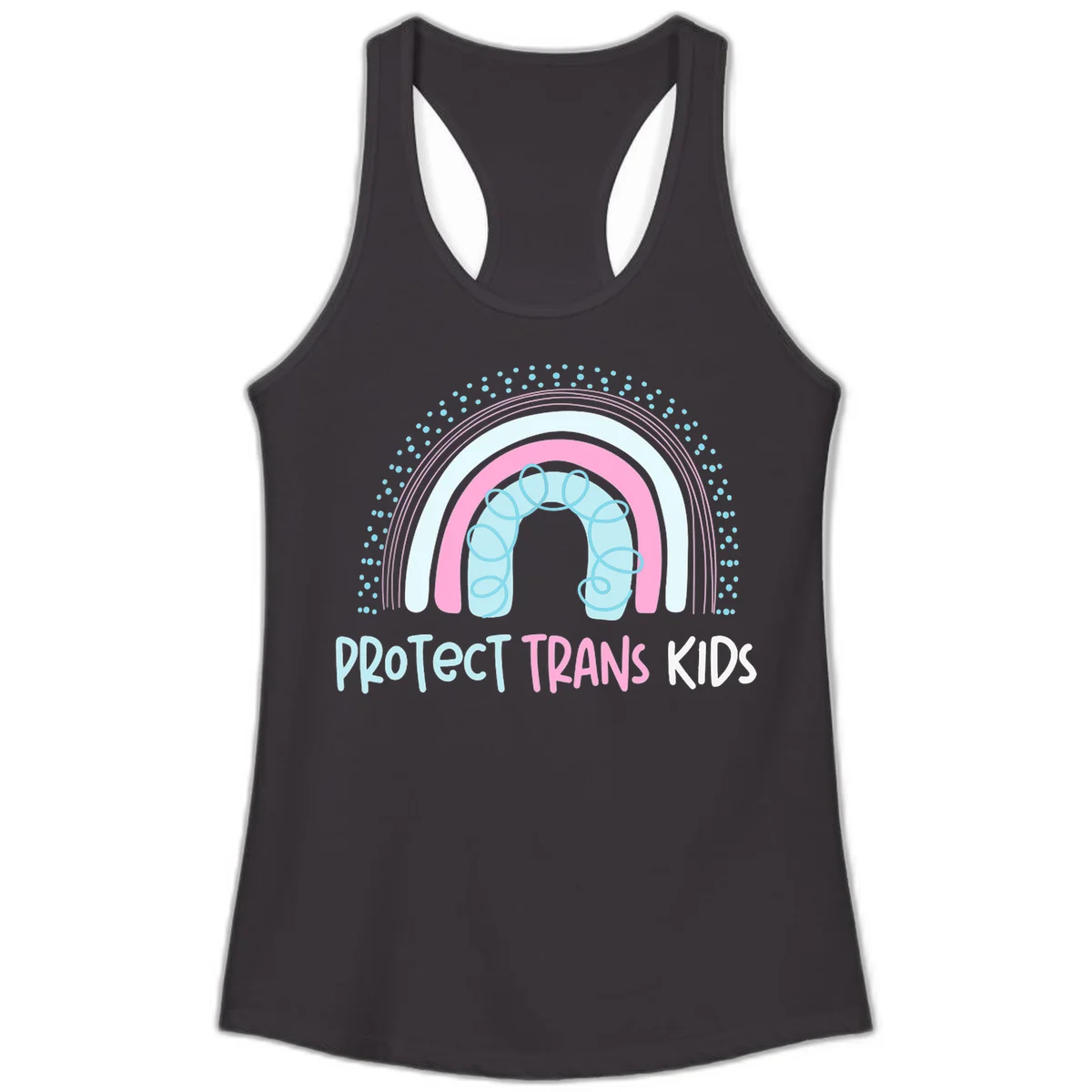 Protect trans kids pride design: rainbow arch with protective shield and DNA strands in pink, blue, and cyan with radiating dots in Black