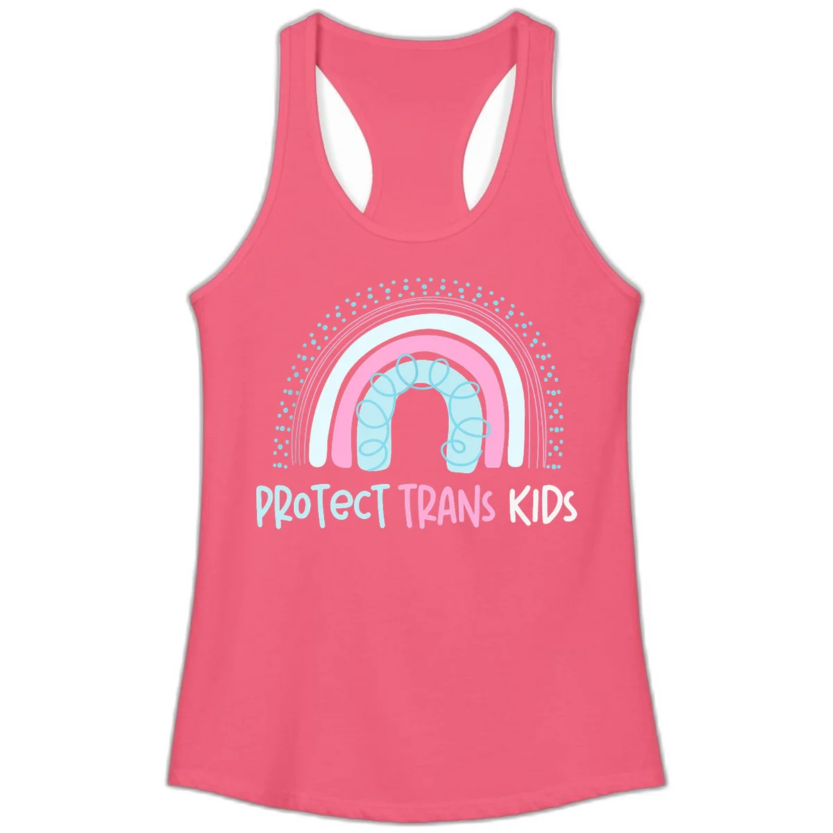 Protect trans kids pride design: rainbow arch with protective shield and DNA strands in pink, blue, and cyan with radiating dots in Hot Pink