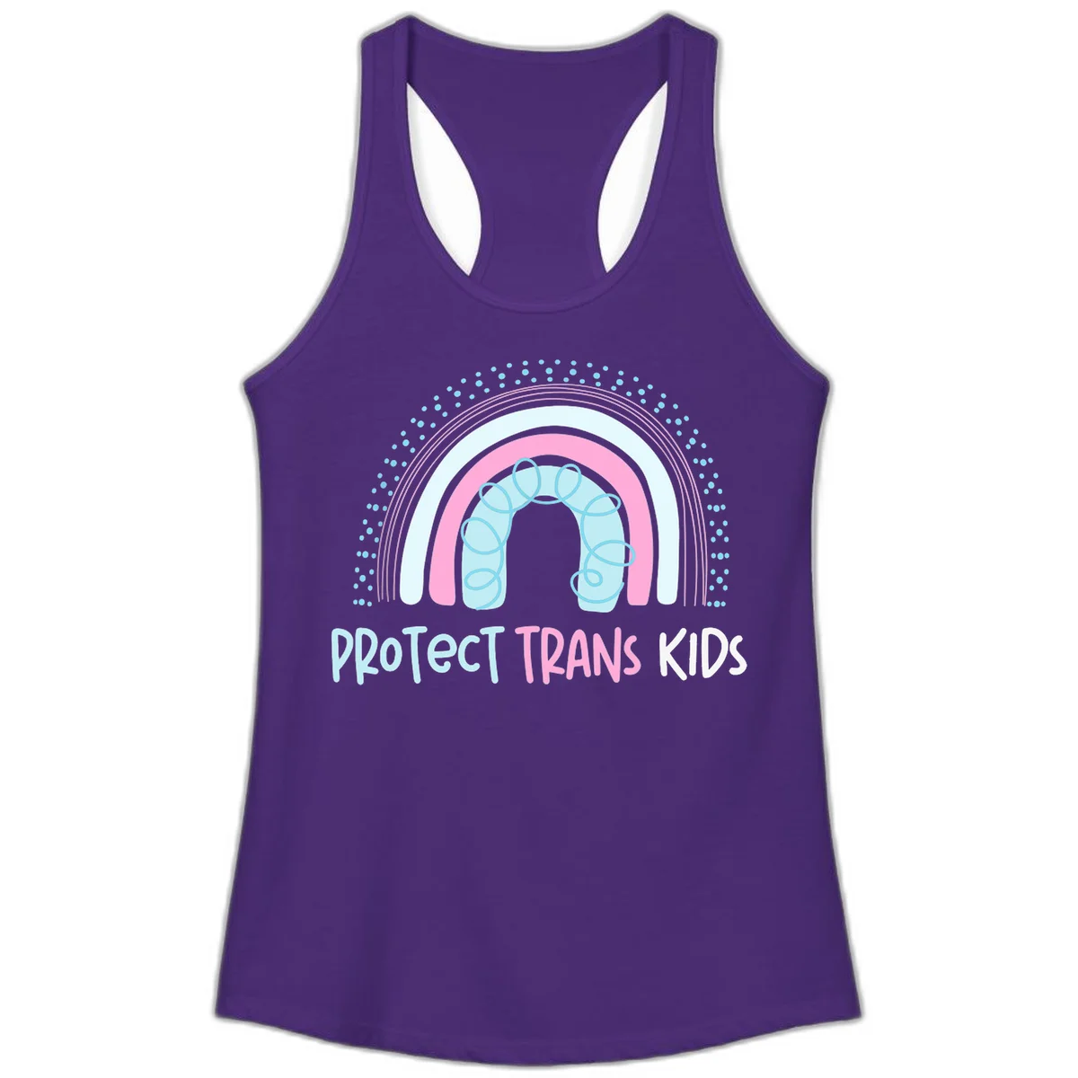 Protect trans kids pride design: rainbow arch with protective shield and DNA strands in pink, blue, and cyan with radiating dots in Solid Purple Rush
