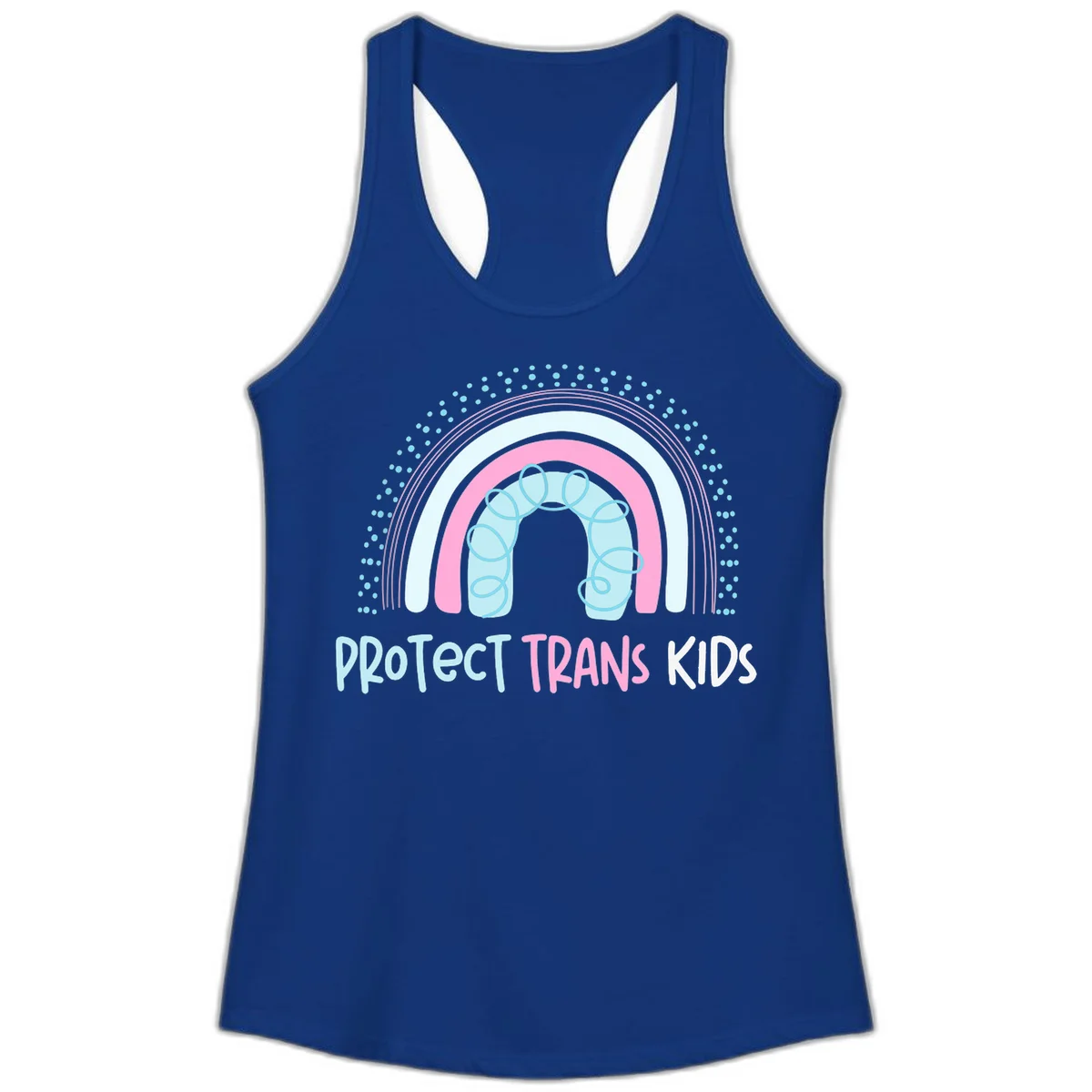 Protect trans kids pride design: rainbow arch with protective shield and DNA strands in pink, blue, and cyan with radiating dots in Solid Royal