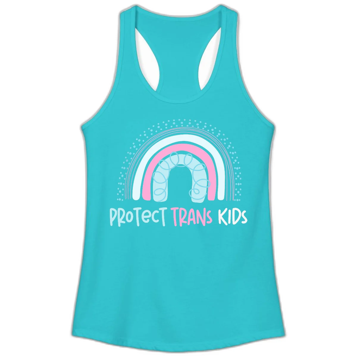 Protect trans kids pride design: rainbow arch with protective shield and DNA strands in pink, blue, and cyan with radiating dots in Solid Tahiti Blue