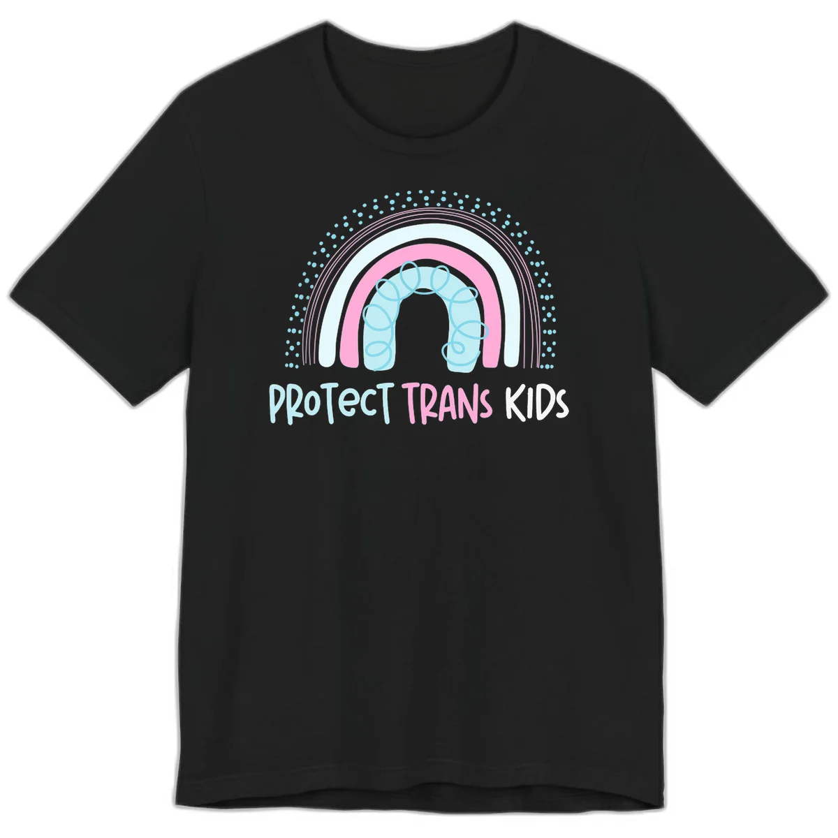 Protect trans kids pride design: rainbow arch with protective shield and DNA strands in pink, blue, and cyan with radiating dots in Black