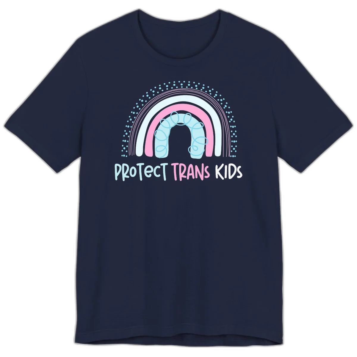 Protect trans kids pride design: rainbow arch with protective shield and DNA strands in pink, blue, and cyan with radiating dots in Navy