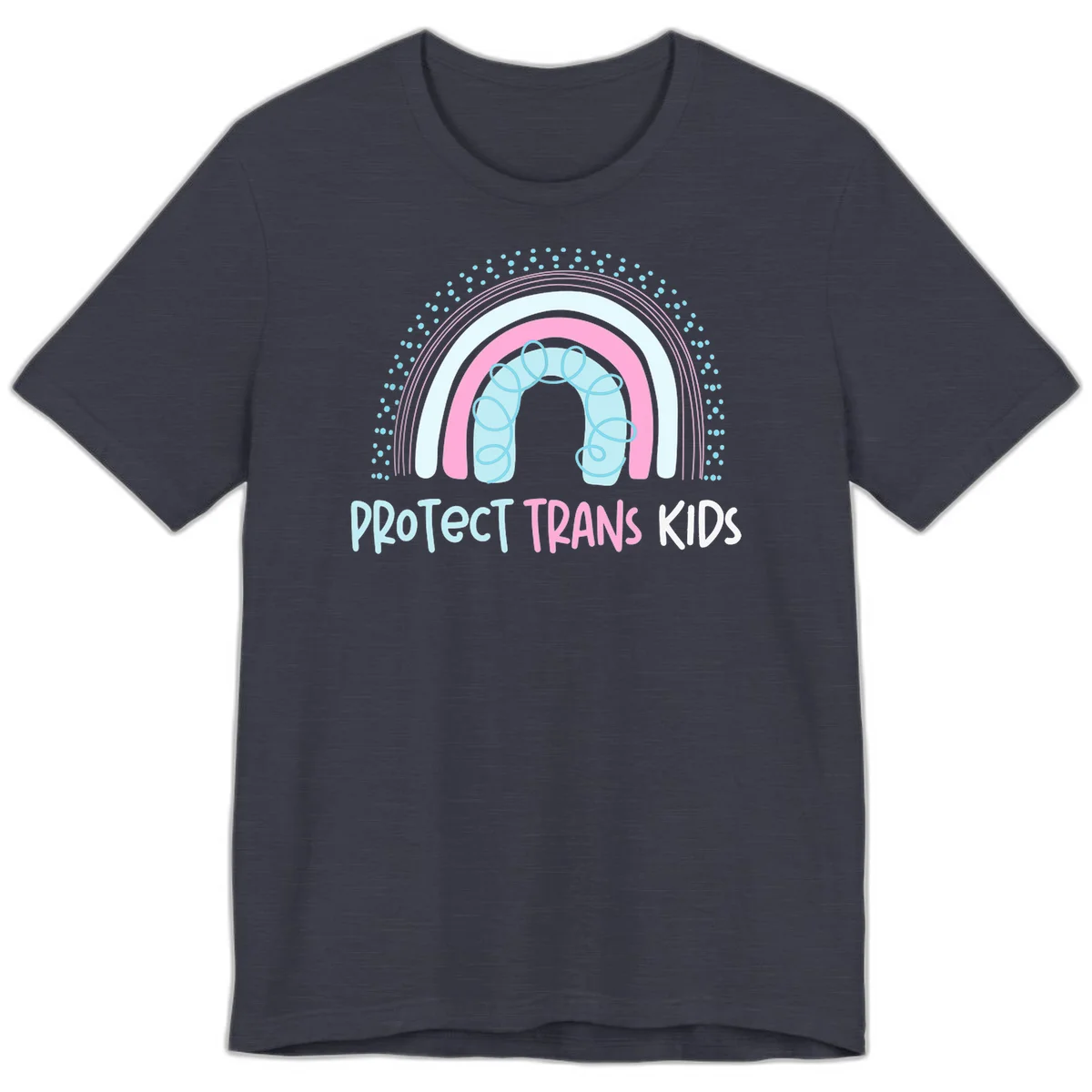 Protect trans kids pride design: rainbow arch with protective shield and DNA strands in pink, blue, and cyan with radiating dots in Heather Midnight Navy