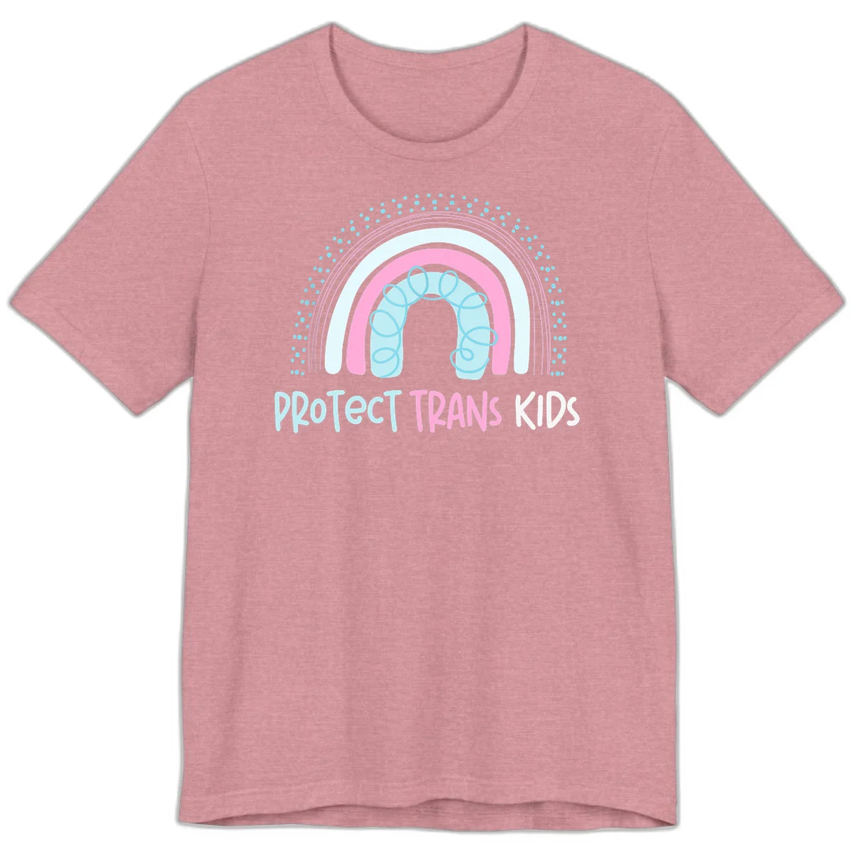 Protect trans kids pride design: rainbow arch with protective shield and DNA strands in pink, blue, and cyan with radiating dots in Heather Orchid
