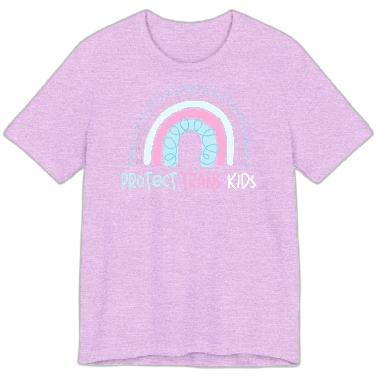 Protect trans kids pride design: rainbow arch with protective shield and DNA strands in pink, blue, and cyan with radiating dots in Heather Prism Lilac