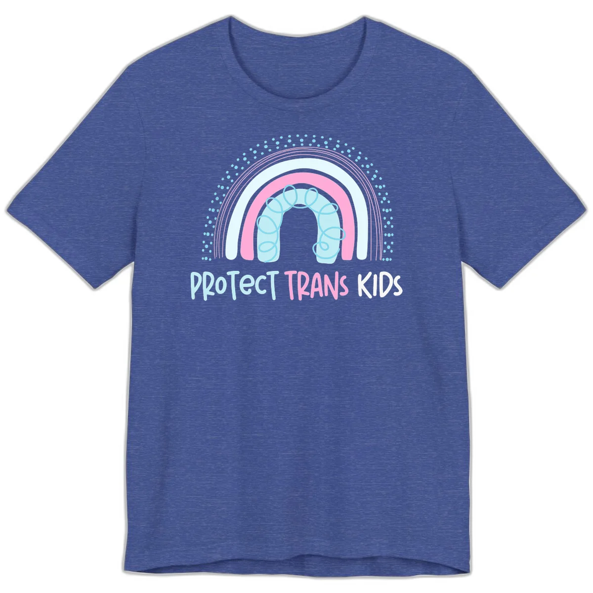 Protect trans kids pride design: rainbow arch with protective shield and DNA strands in pink, blue, and cyan with radiating dots in Heather True Royal