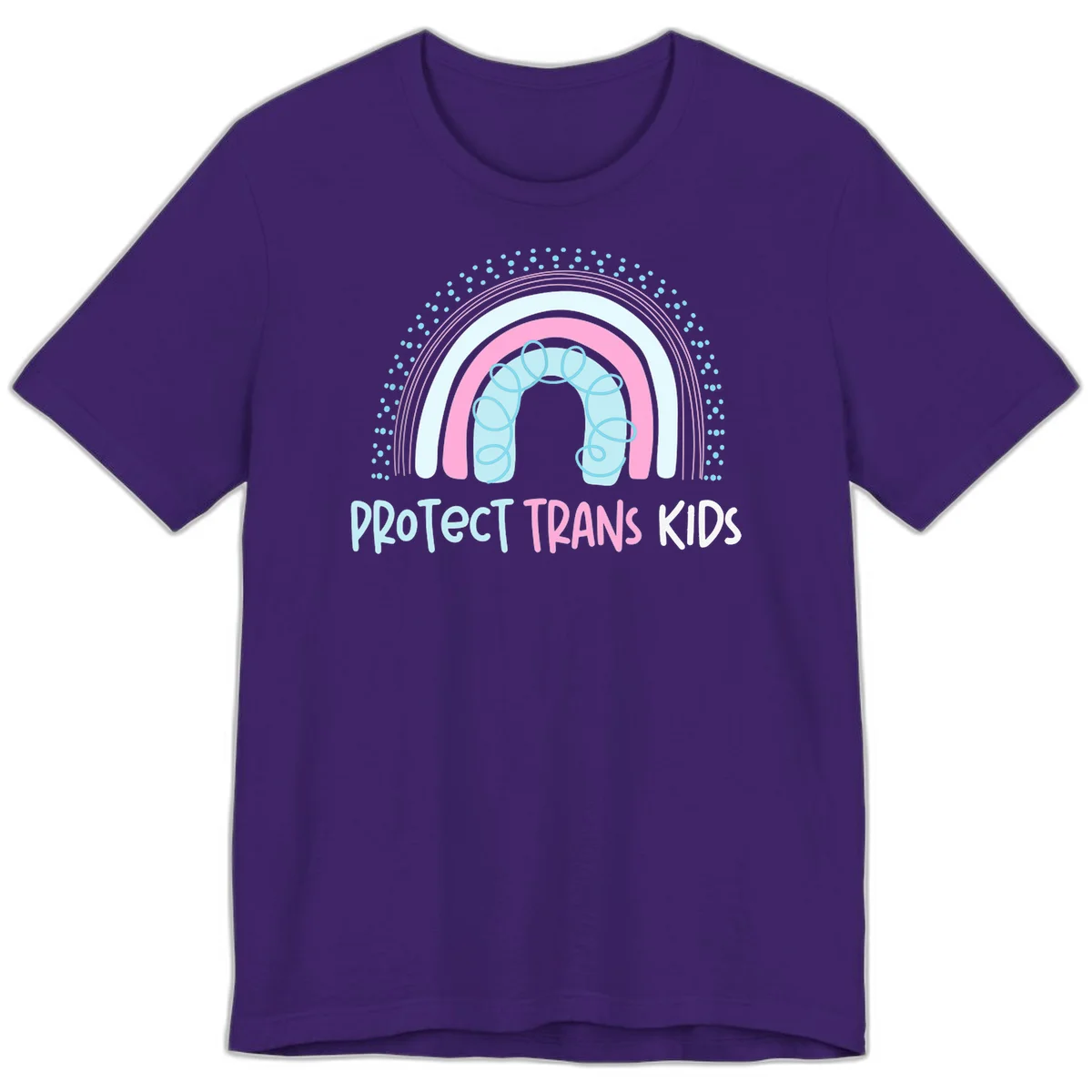Protect trans kids pride design: rainbow arch with protective shield and DNA strands in pink, blue, and cyan with radiating dots in Team Purple
