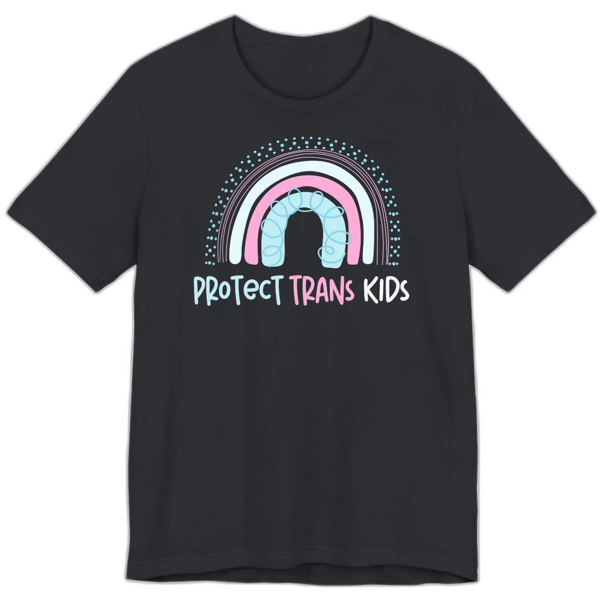Protect trans kids pride design: rainbow arch with protective shield and DNA strands in pink, blue, and cyan with radiating dots in Vintage Black