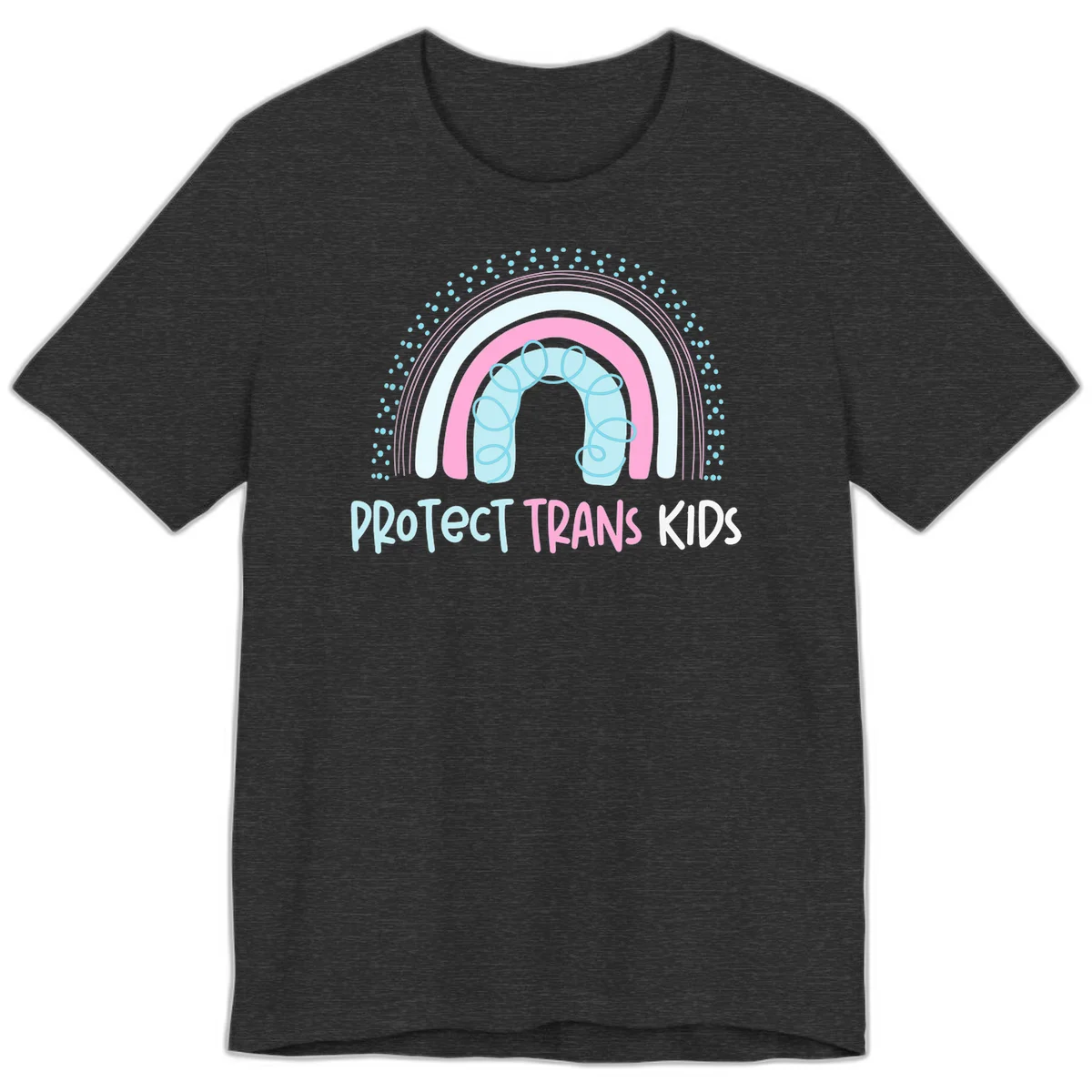 Protect trans kids pride design: rainbow arch with protective shield and DNA strands in pink, blue, and cyan with radiating dots in Dark Grey Heather