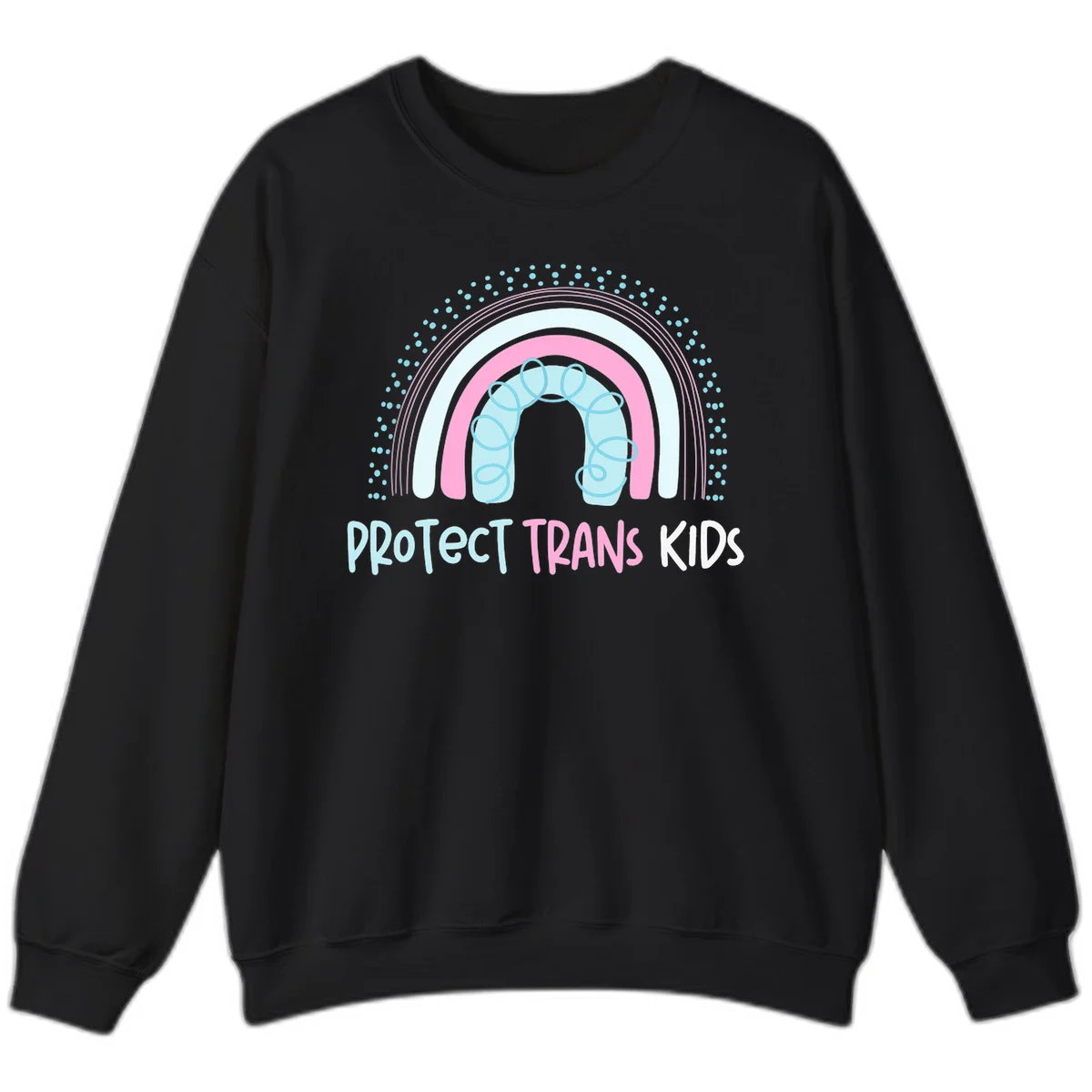Protect trans kids pride design: rainbow arch with protective shield and DNA strands in pink, blue, and cyan with radiating dots in Black