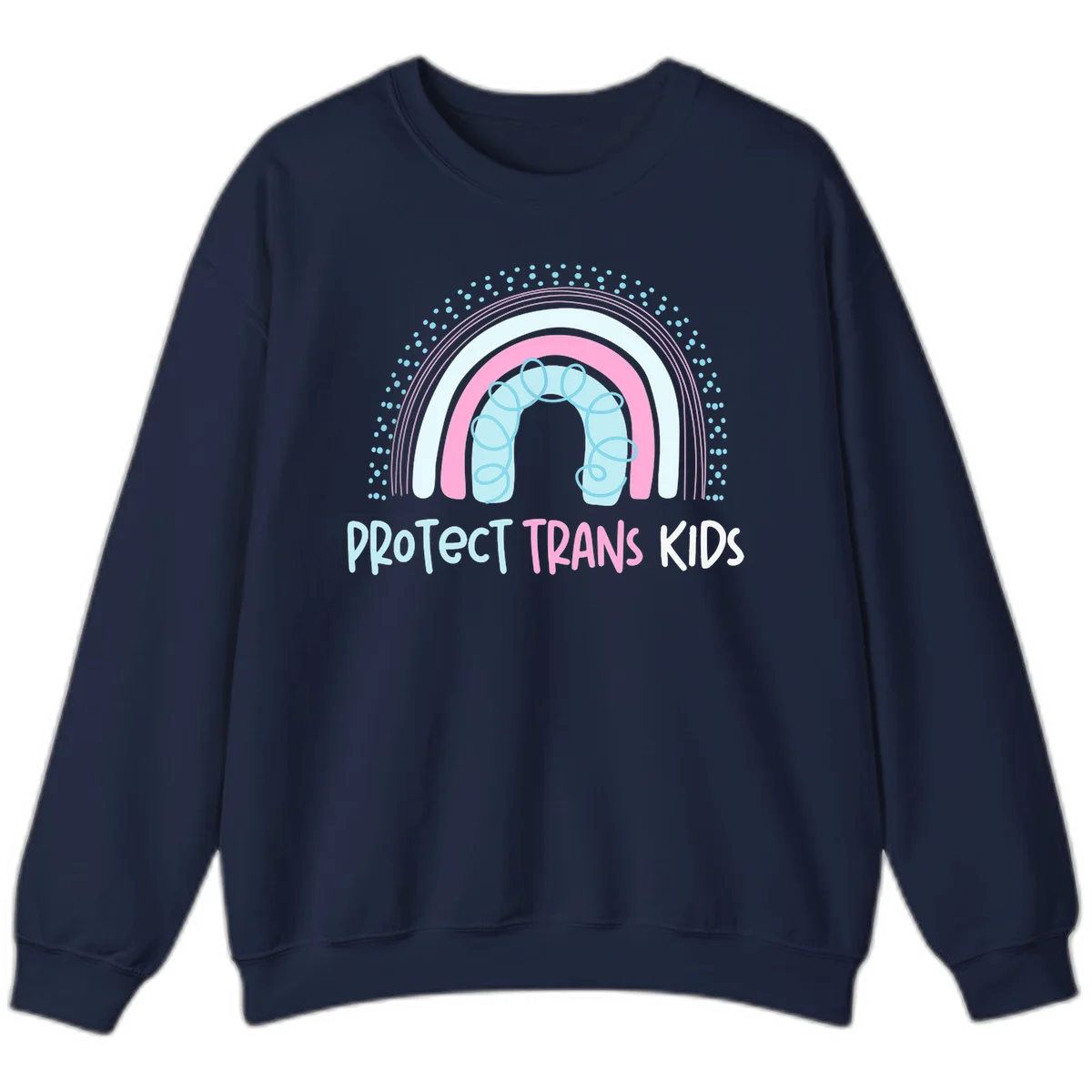 Protect trans kids pride design: rainbow arch with protective shield and DNA strands in pink, blue, and cyan with radiating dots in Navy