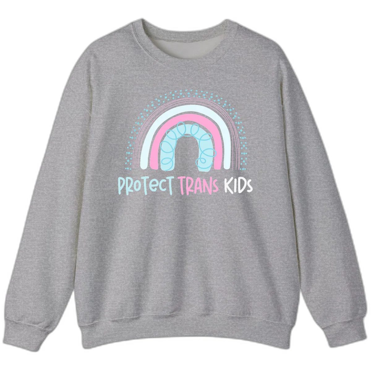 Protect trans kids pride design: rainbow arch with protective shield and DNA strands in pink, blue, and cyan with radiating dots in Sport Grey