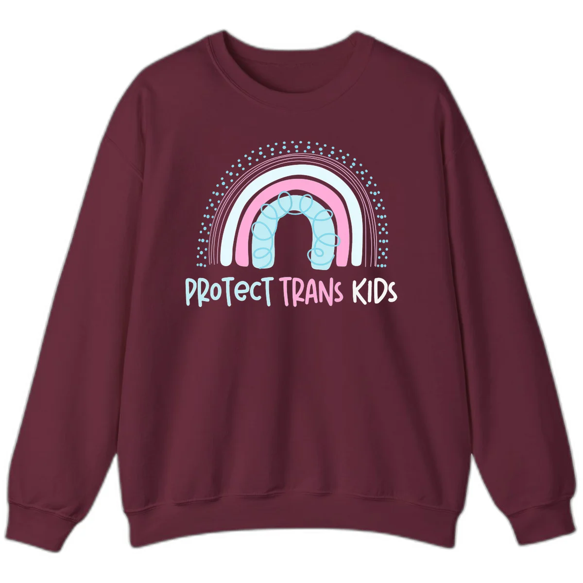 Protect trans kids pride design: rainbow arch with protective shield and DNA strands in pink, blue, and cyan with radiating dots in Maroon