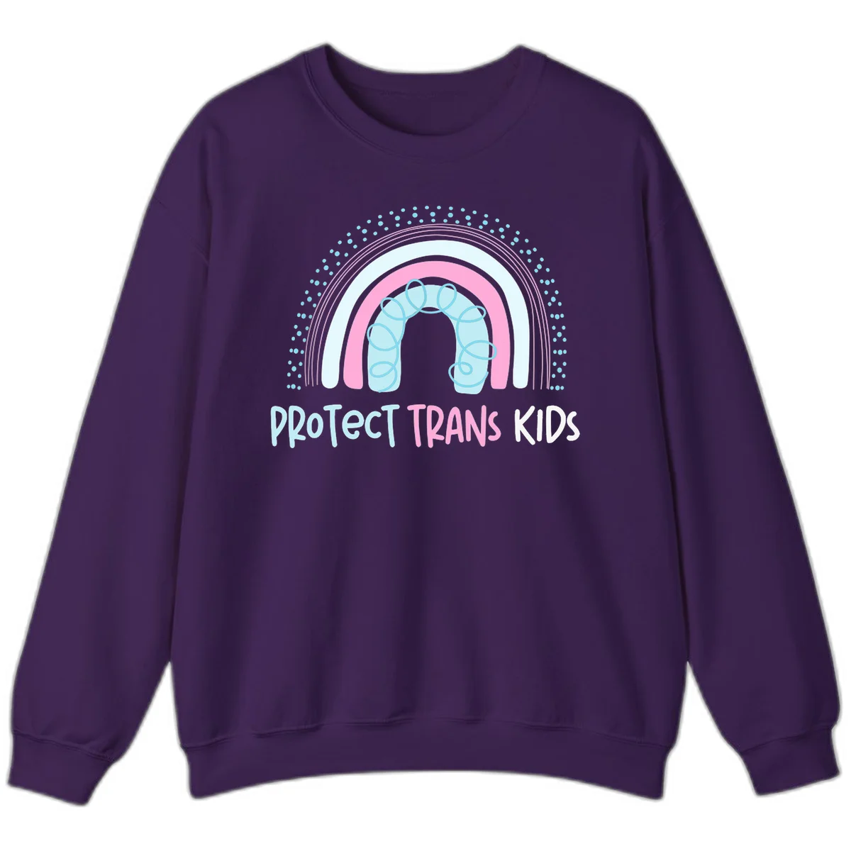 Protect trans kids pride design: rainbow arch with protective shield and DNA strands in pink, blue, and cyan with radiating dots in Purple
