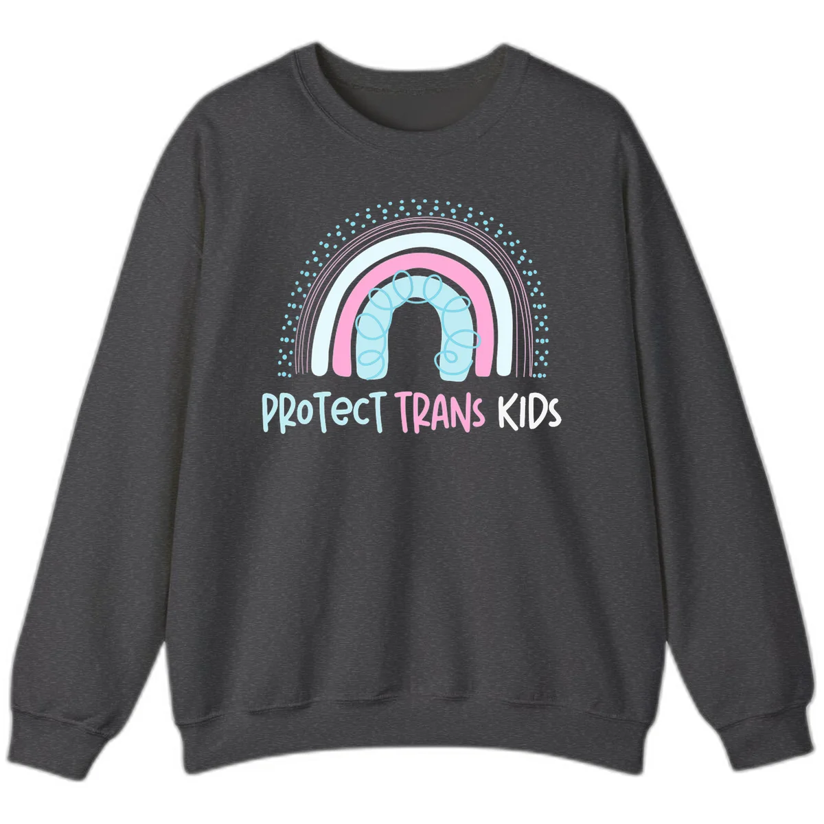 Protect trans kids pride design: rainbow arch with protective shield and DNA strands in pink, blue, and cyan with radiating dots in Dark Heather