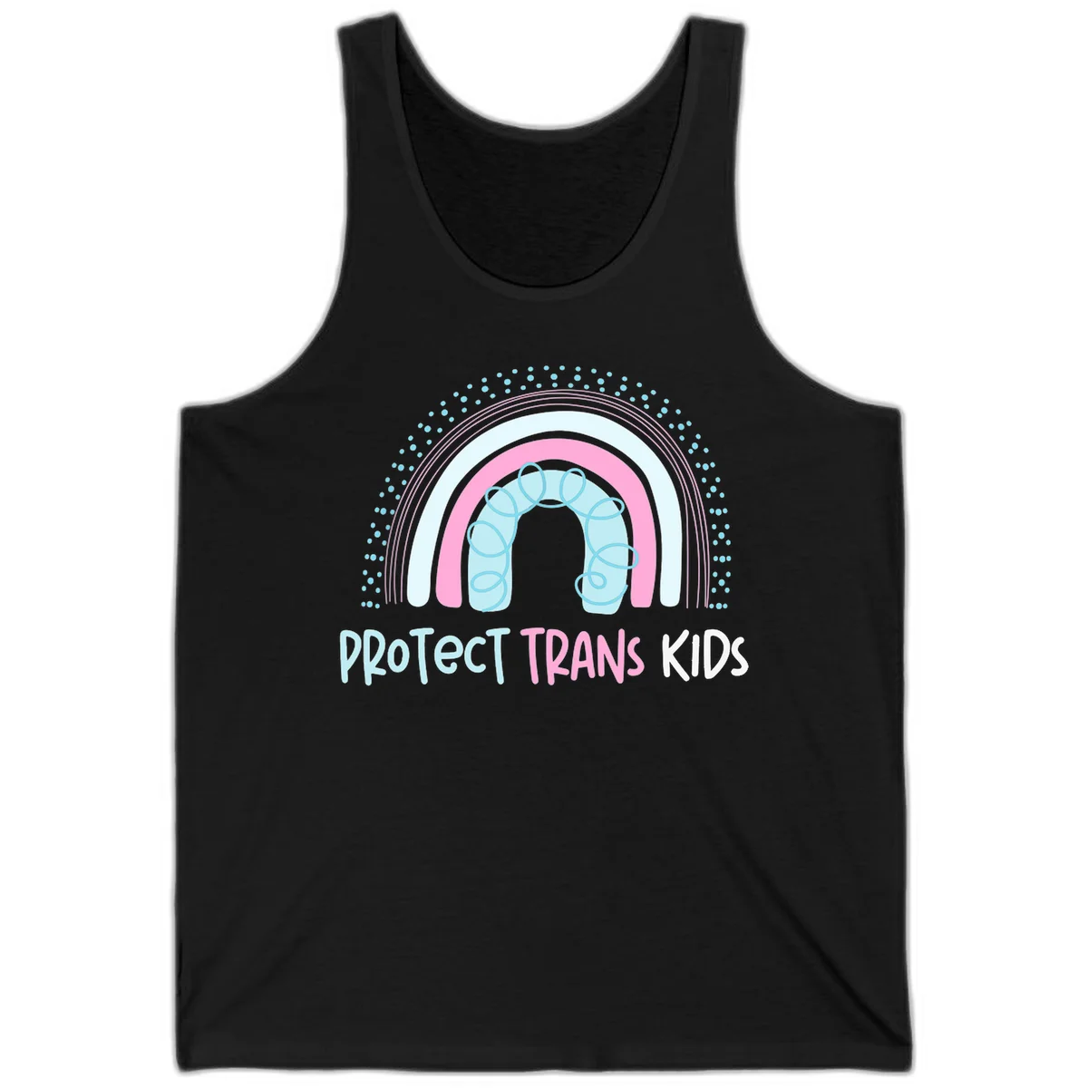 Protect trans kids pride design: rainbow arch with protective shield and DNA strands in pink, blue, and cyan with radiating dots in Black
