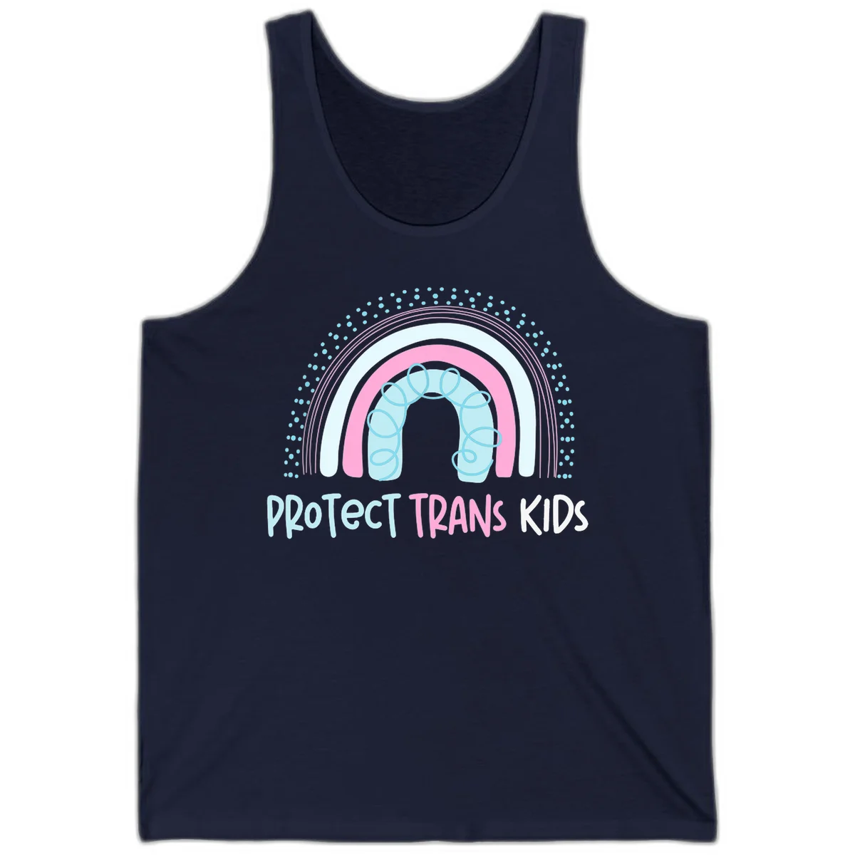 Protect trans kids pride design: rainbow arch with protective shield and DNA strands in pink, blue, and cyan with radiating dots in Navy