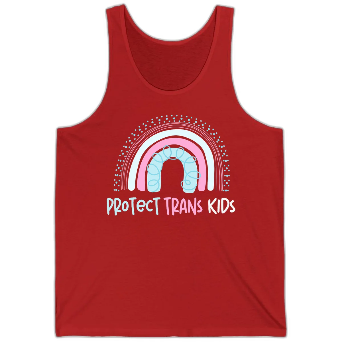 Protect trans kids pride design: rainbow arch with protective shield and DNA strands in pink, blue, and cyan with radiating dots in Red