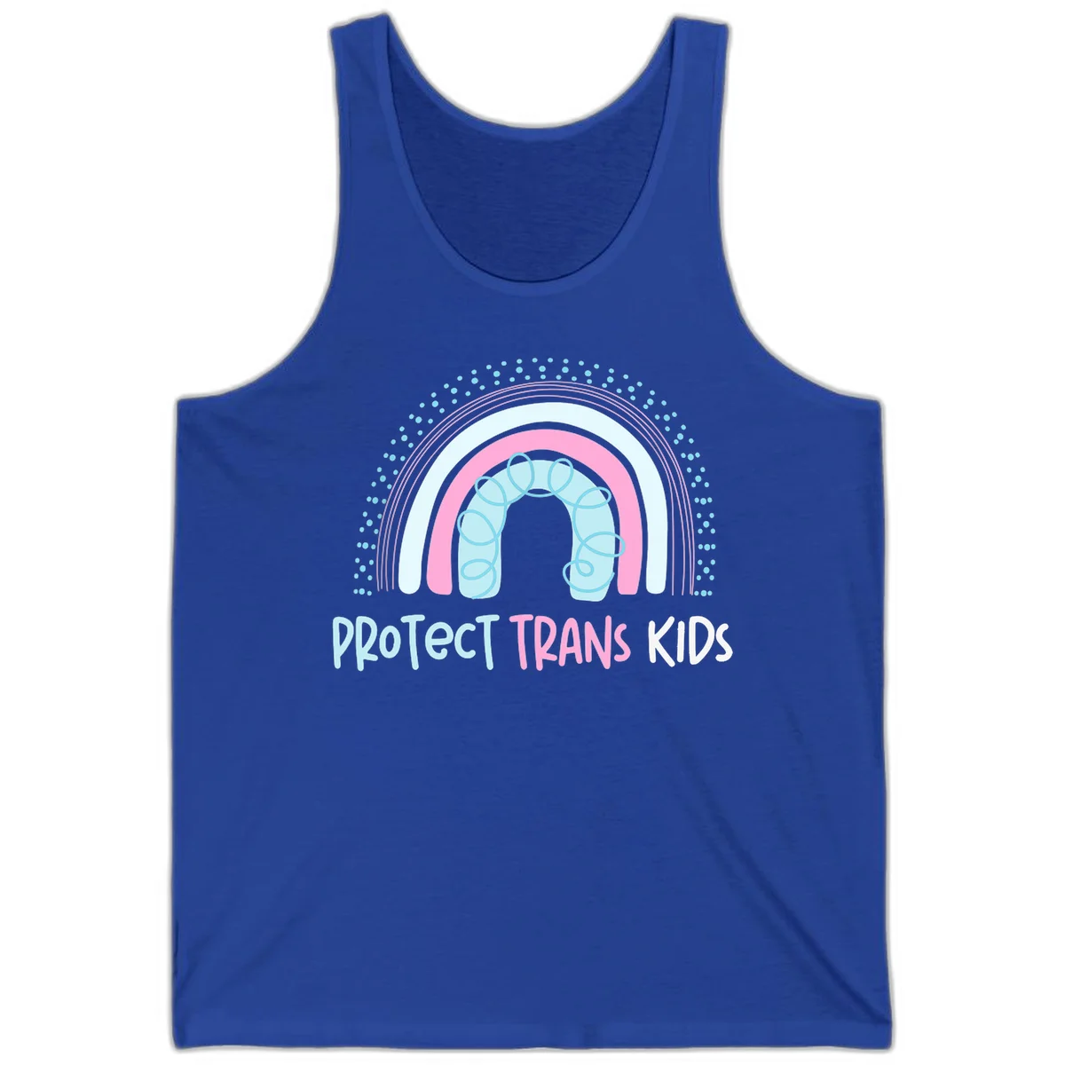 Protect trans kids pride design: rainbow arch with protective shield and DNA strands in pink, blue, and cyan with radiating dots in True Royal
