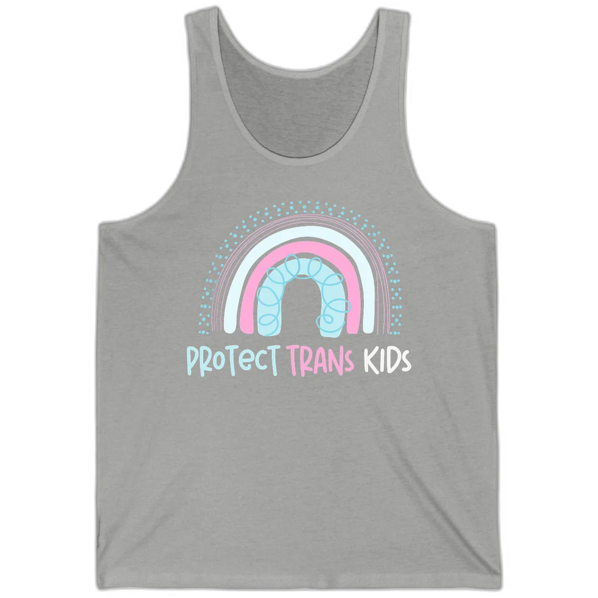 Protect trans kids pride design: rainbow arch with protective shield and DNA strands in pink, blue, and cyan with radiating dots in Athletic Heather