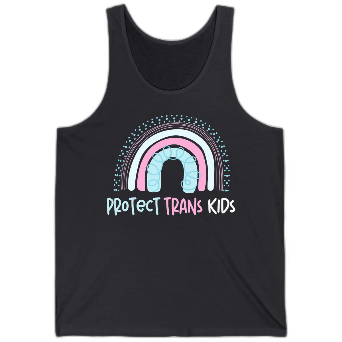 Protect trans kids pride design: rainbow arch with protective shield and DNA strands in pink, blue, and cyan with radiating dots in Dark Grey