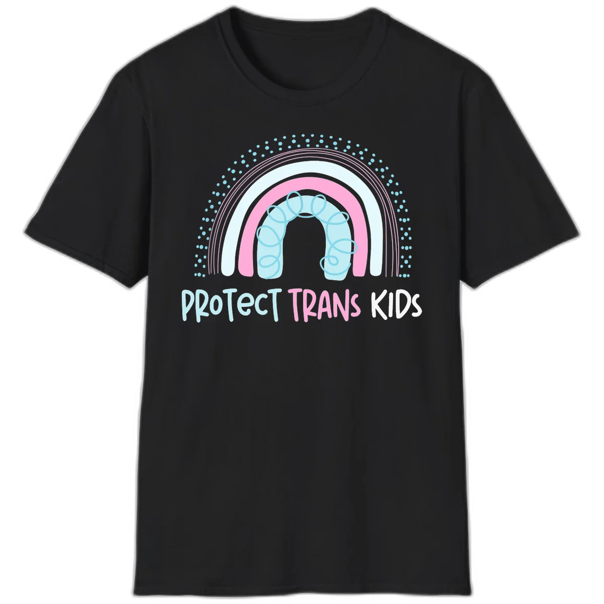 Protect trans kids pride design: rainbow arch with protective shield and DNA strands in pink, blue, and cyan with radiating dots in Black