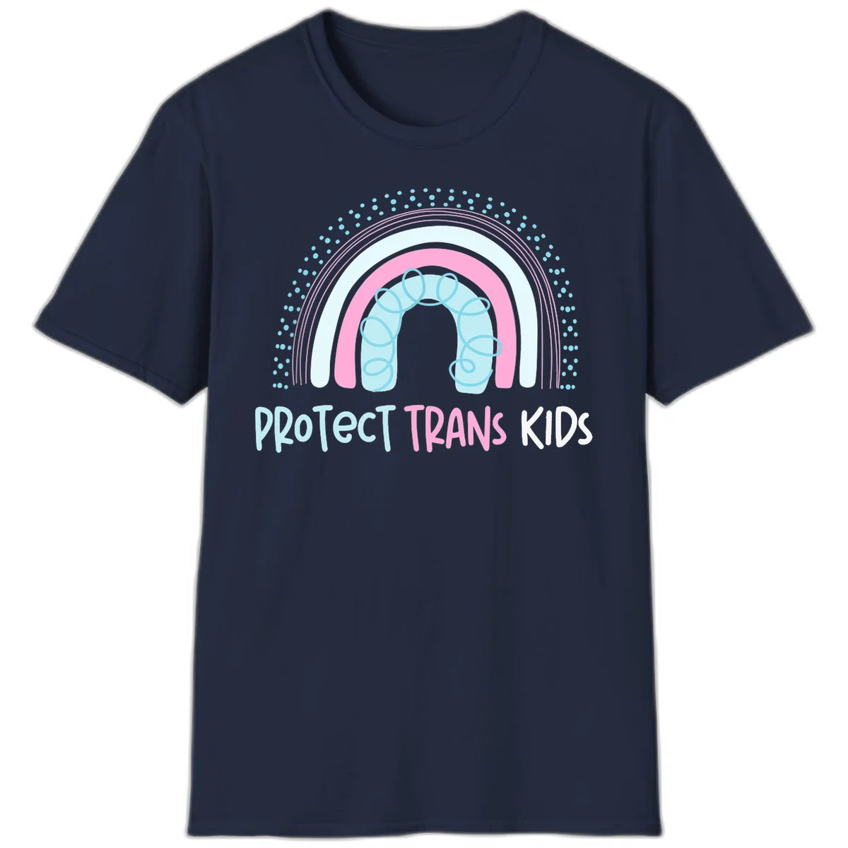 Protect trans kids pride design: rainbow arch with protective shield and DNA strands in pink, blue, and cyan with radiating dots in Navy