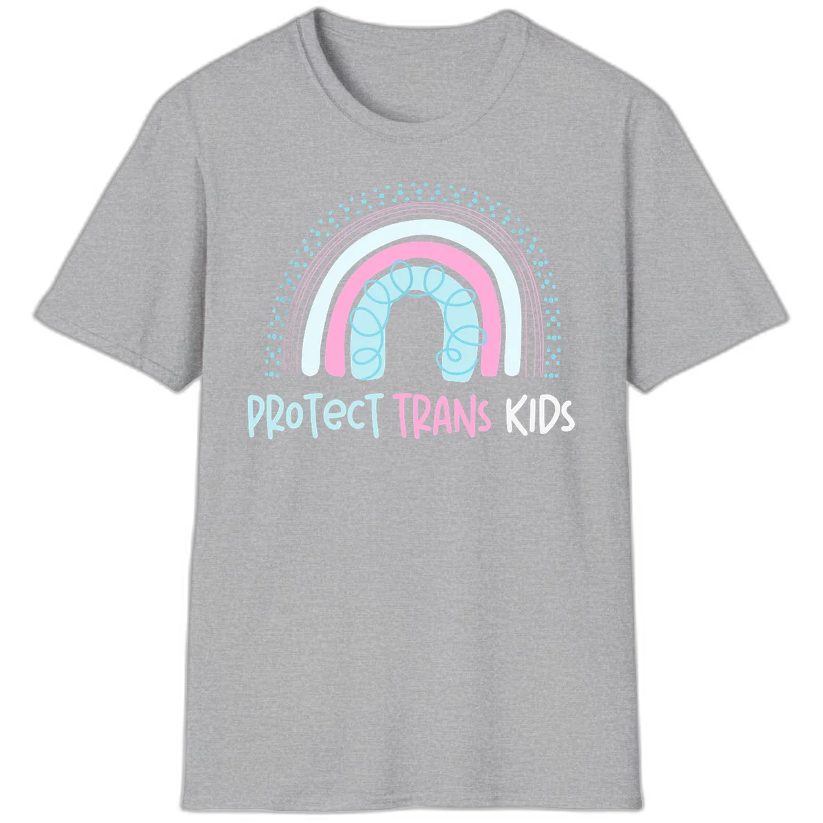 Protect trans kids pride design: rainbow arch with protective shield and DNA strands in pink, blue, and cyan with radiating dots in Sport Grey