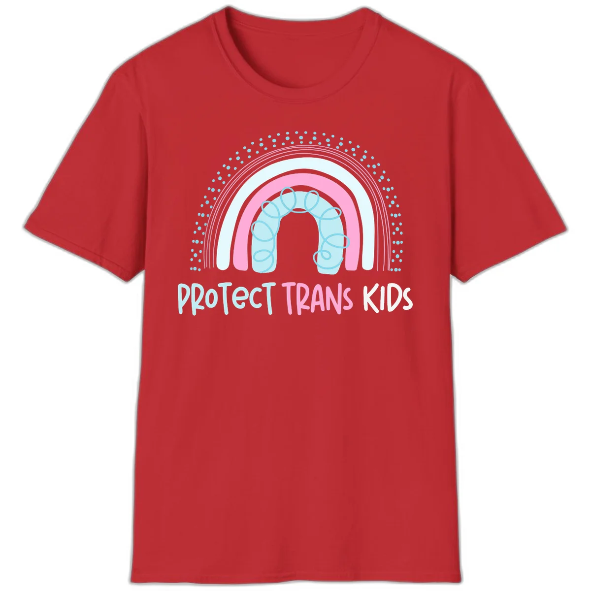 Protect trans kids pride design: rainbow arch with protective shield and DNA strands in pink, blue, and cyan with radiating dots in Red