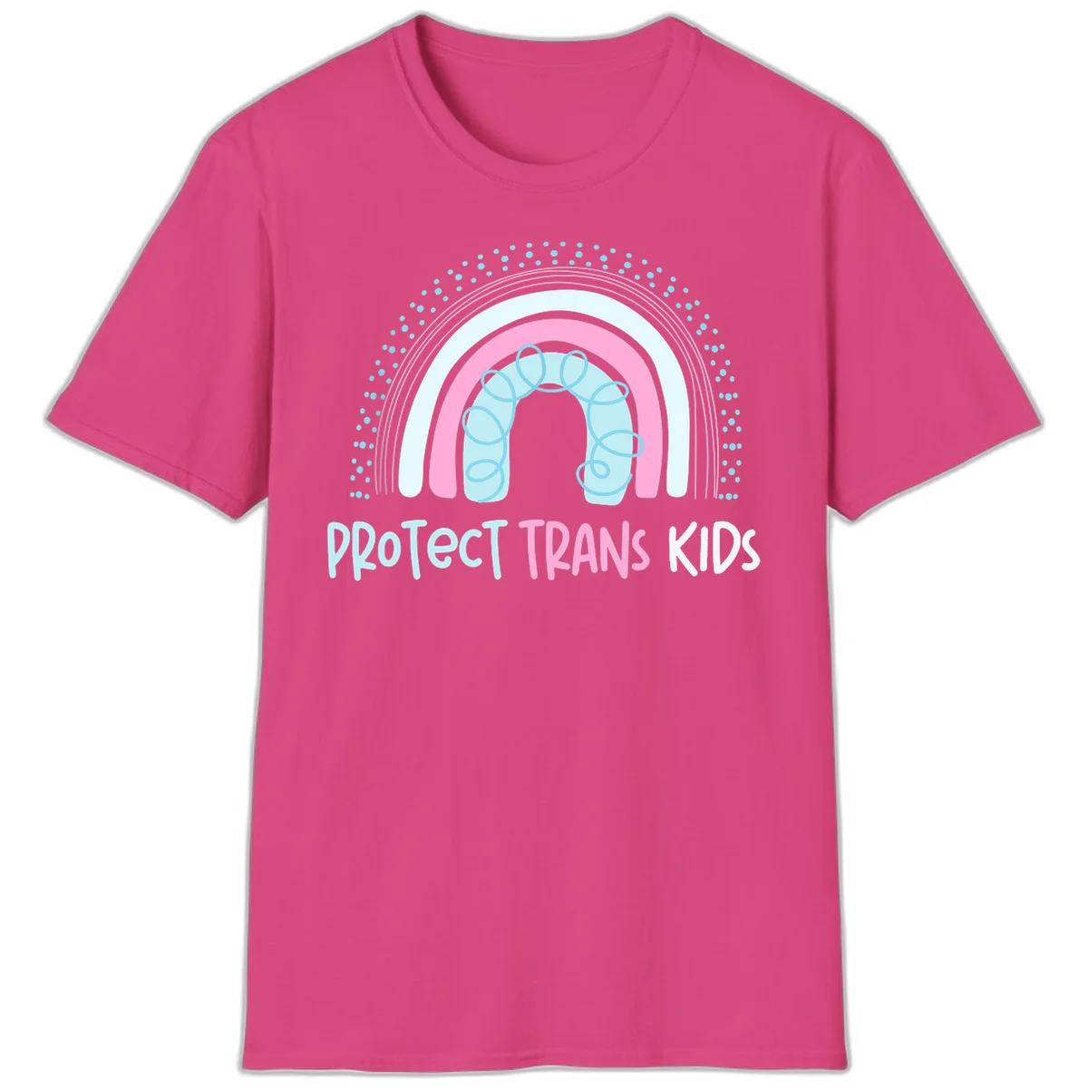 Protect trans kids pride design: rainbow arch with protective shield and DNA strands in pink, blue, and cyan with radiating dots in Heliconia
