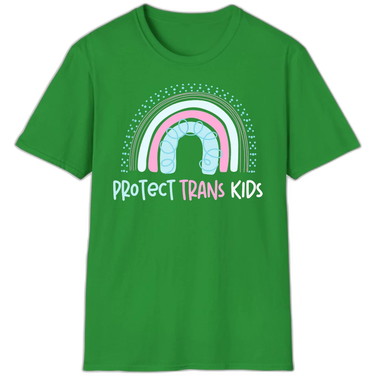 Protect trans kids pride design: rainbow arch with protective shield and DNA strands in pink, blue, and cyan with radiating dots in Irish Green