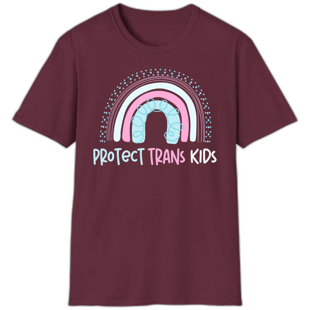 Protect trans kids pride design: rainbow arch with protective shield and DNA strands in pink, blue, and cyan with radiating dots in Maroon