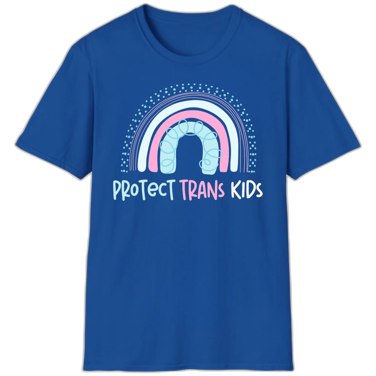 Protect trans kids pride design: rainbow arch with protective shield and DNA strands in pink, blue, and cyan with radiating dots in Royal