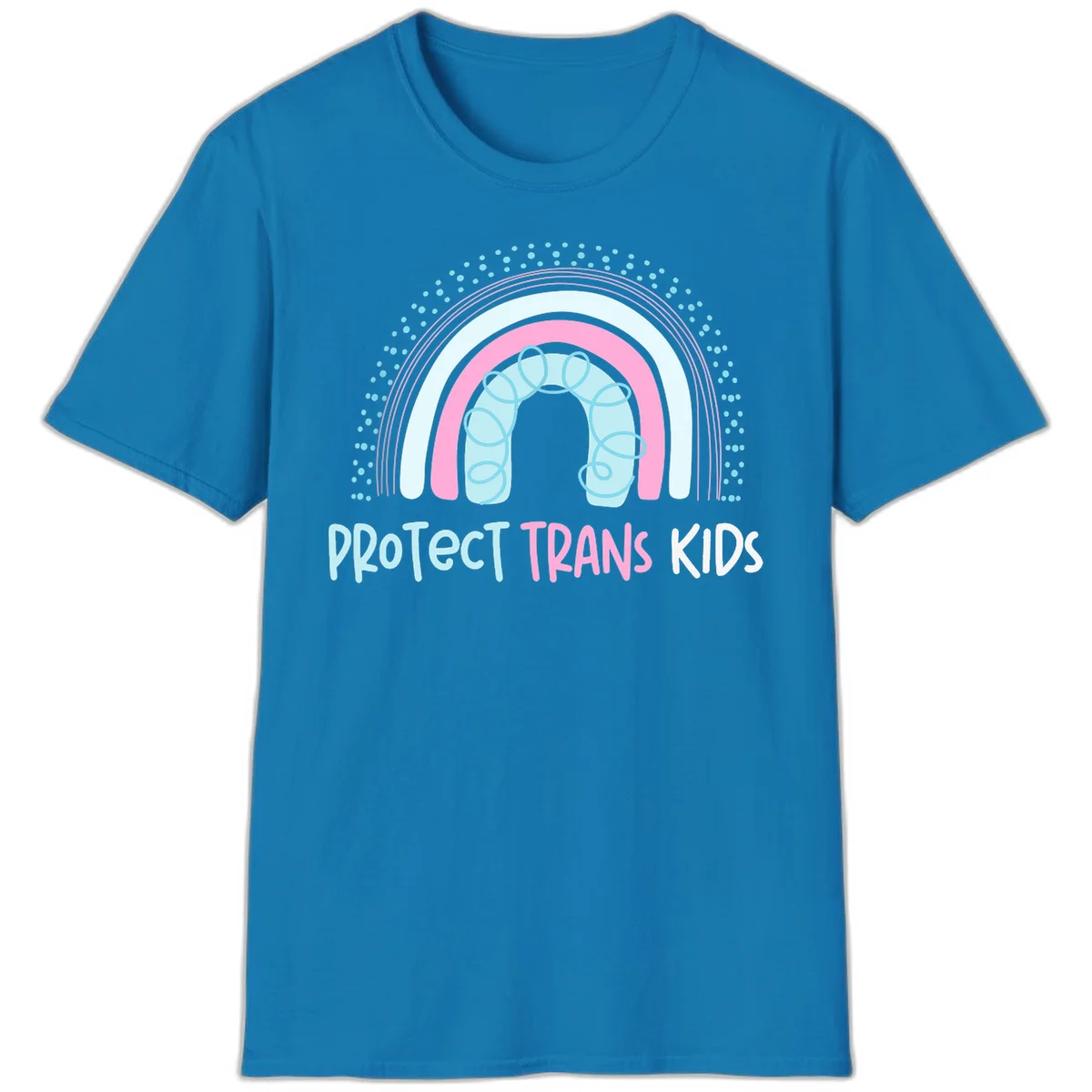 Protect trans kids pride design: rainbow arch with protective shield and DNA strands in pink, blue, and cyan with radiating dots in Sapphire