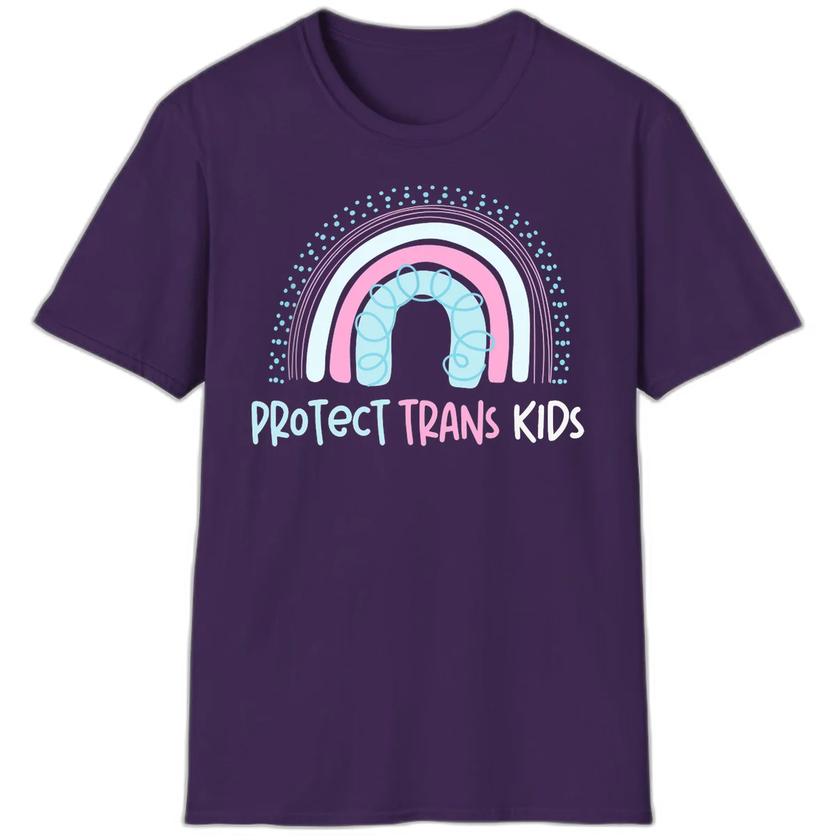Protect trans kids pride design: rainbow arch with protective shield and DNA strands in pink, blue, and cyan with radiating dots in Purple