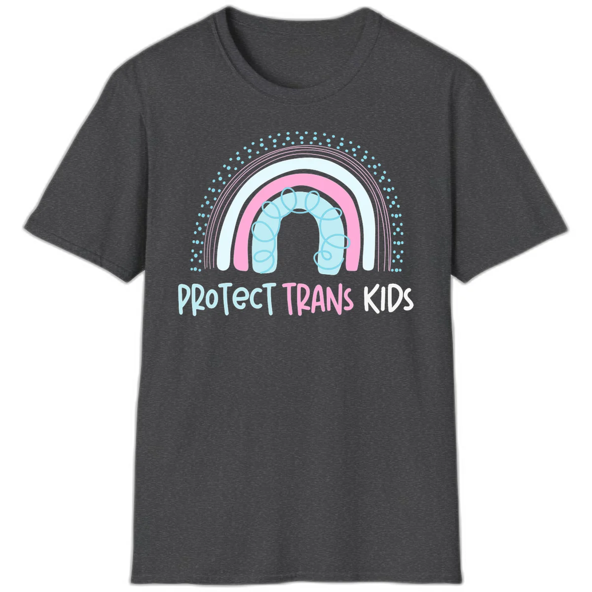 Protect trans kids pride design: rainbow arch with protective shield and DNA strands in pink, blue, and cyan with radiating dots in Dark Heather