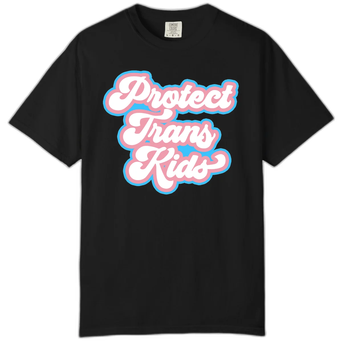 Protect trans kids pride design featuring white bold text with pink and blue scalloped borders on gray background in Black