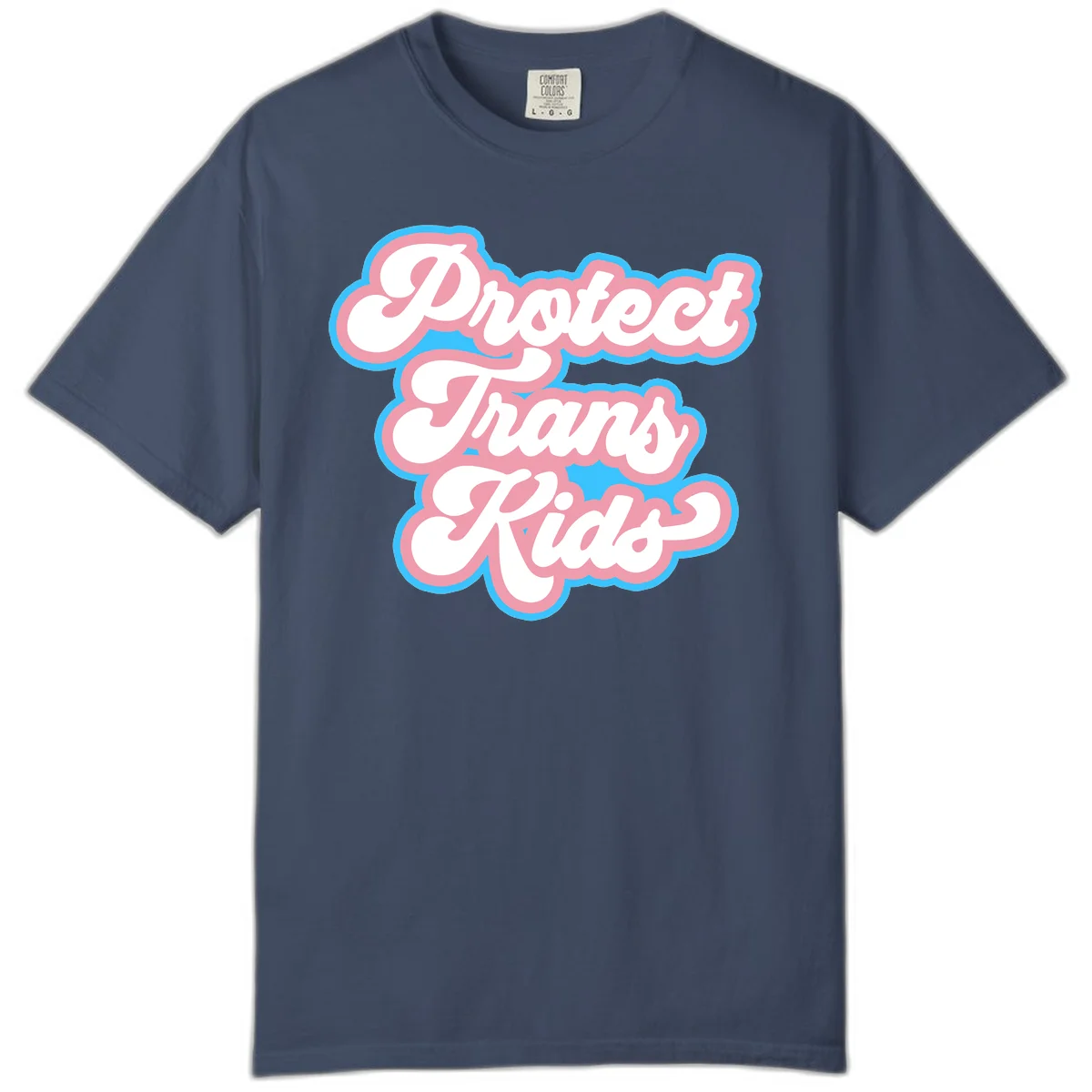 Protect trans kids pride design featuring white bold text with pink and blue scalloped borders on gray background in Midnight
