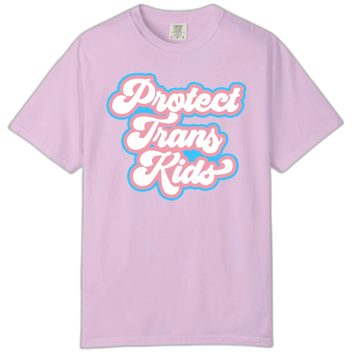 Protect trans kids pride design featuring white bold text with pink and blue scalloped borders on gray background in Orchid