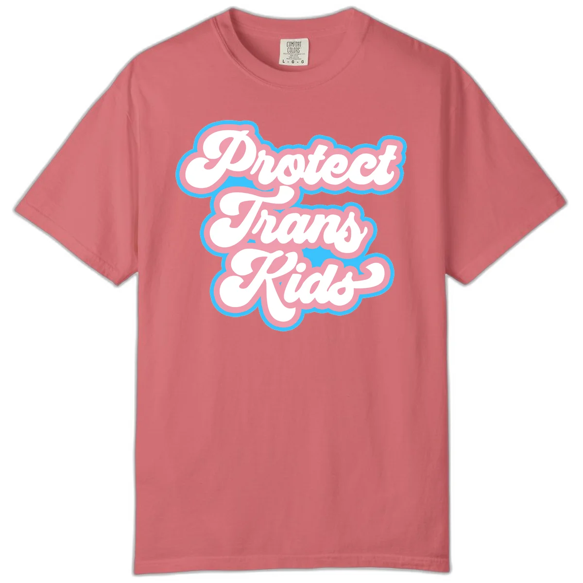 Protect trans kids pride design featuring white bold text with pink and blue scalloped borders on gray background in Watermelon